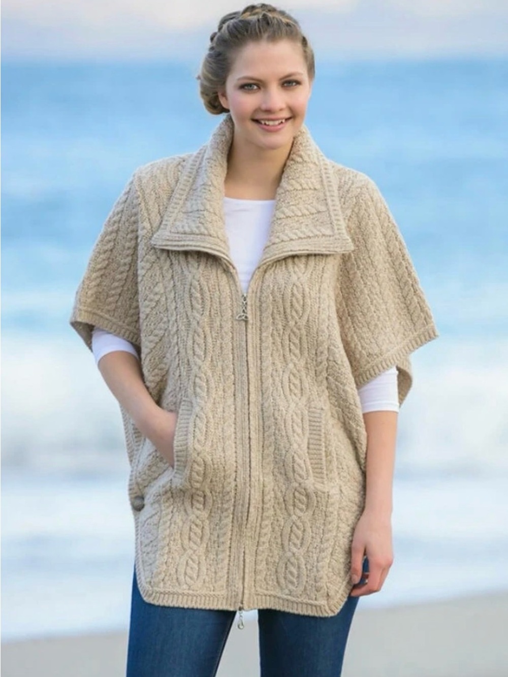 ARAN CRAFTS 100% MERINO WOOL BEIGE BATWING CABLE KNIT SWEATER FULL ZIP SIZE M/L